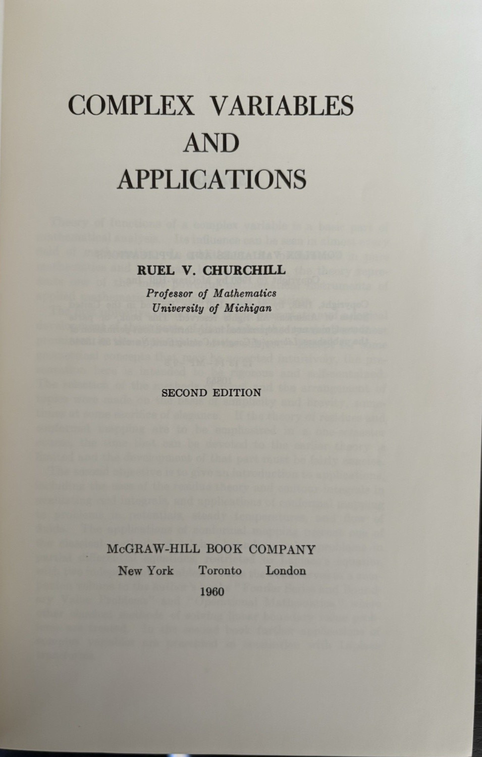 Complex Variables and Applications 2nd Edition by Ruel V. Churchill – HC 1960