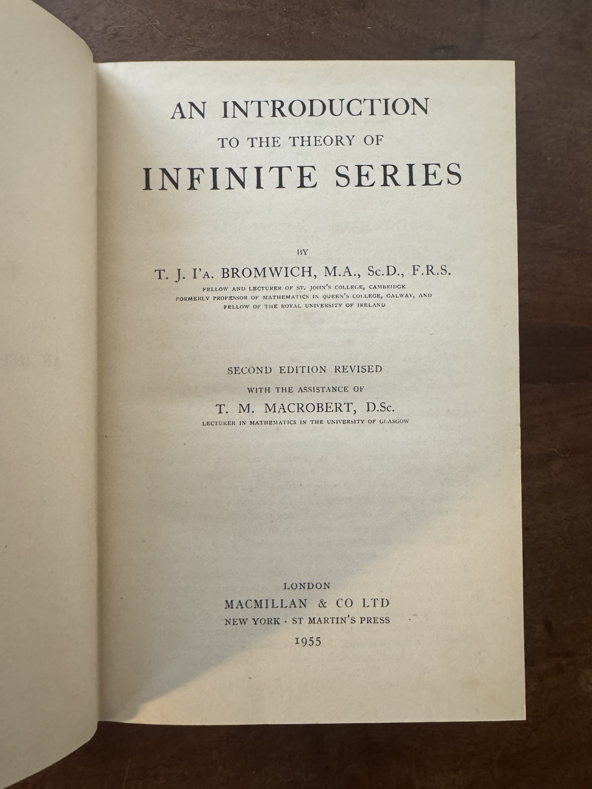 An Introduction to the Theory of Infinite Series – Bromwich – 1955 Hardcover