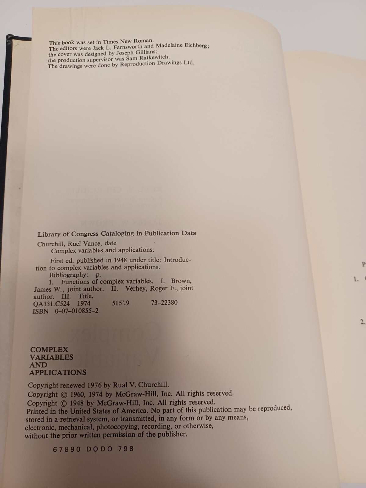 Complex Variables and Applications 3rd Edition – Churchill/Brown/Verhey HC 1976