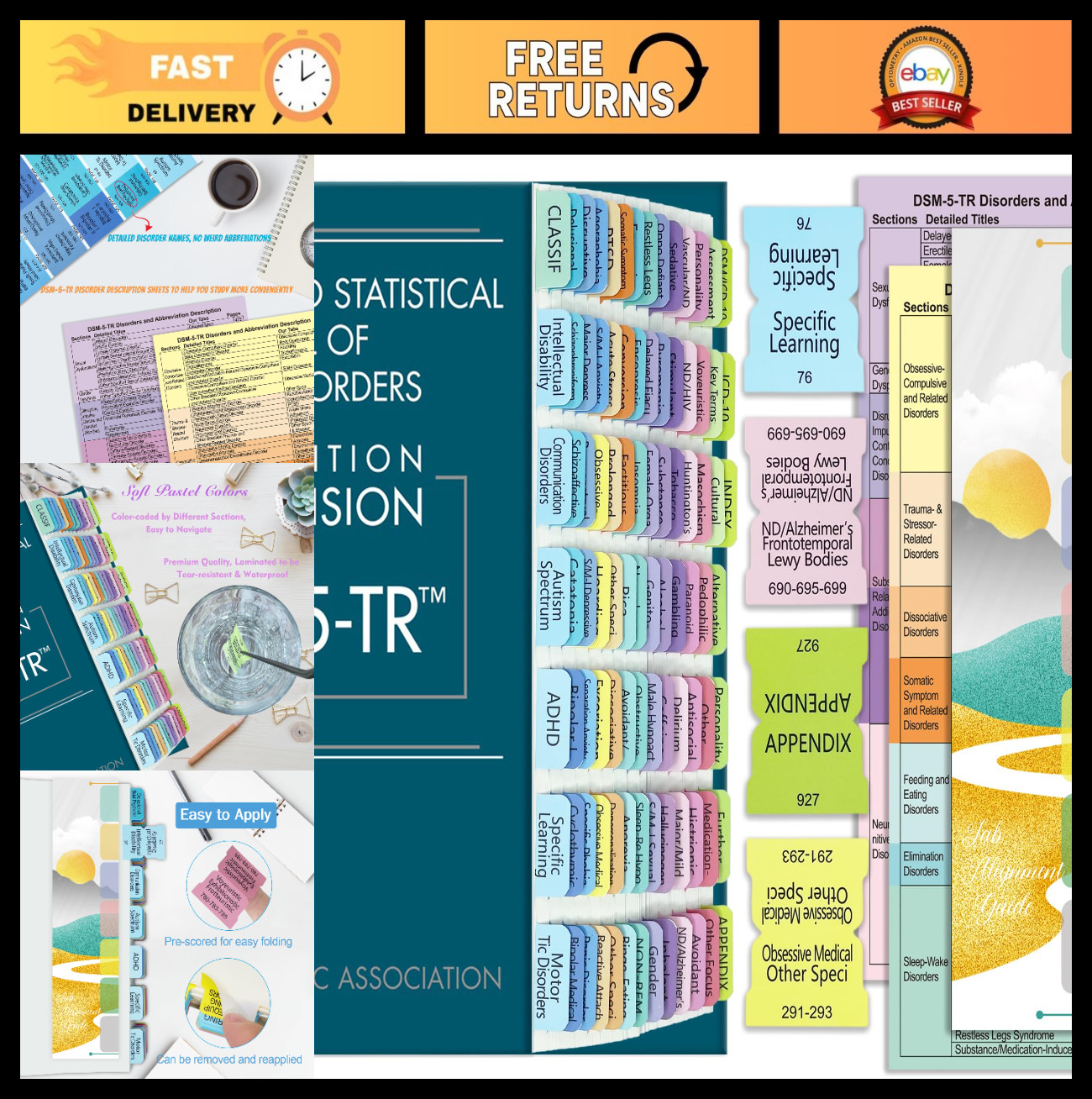 94 Color-Coded Index Tabs for DSM-5-TR with Blank Tabs & Alignment Card