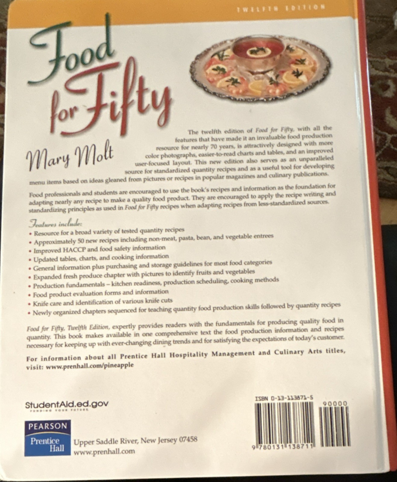 Pearson Food for Fifty 12th Ed by Mary Molt Hardcover 2005 944p ISBN 0131138715
