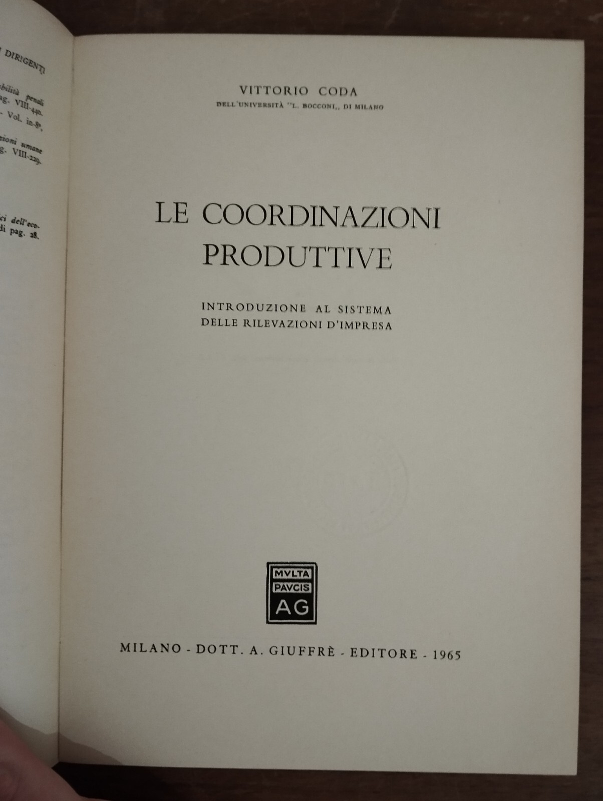 LE COORDINAZIONI PRODUTTIVE VITTORIO CODA 1965 ANTONIO GIUFFRè EDITORE