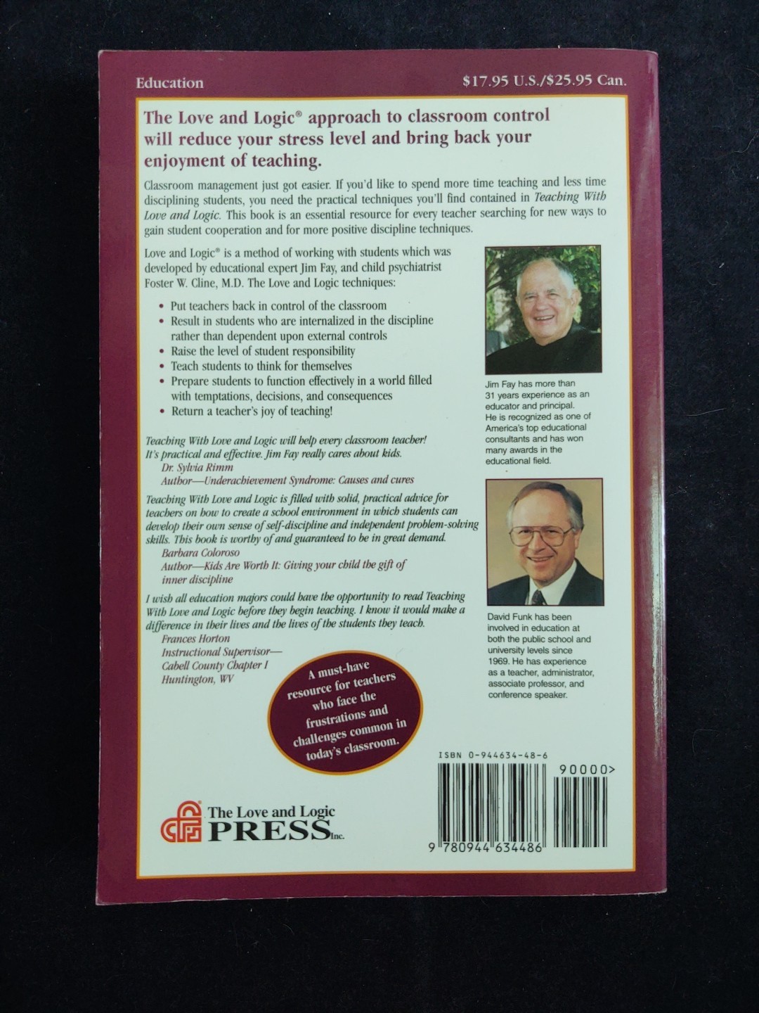 Teaching With Love & Logic Taking Control Of Classroom Softcover Book Fay Funk