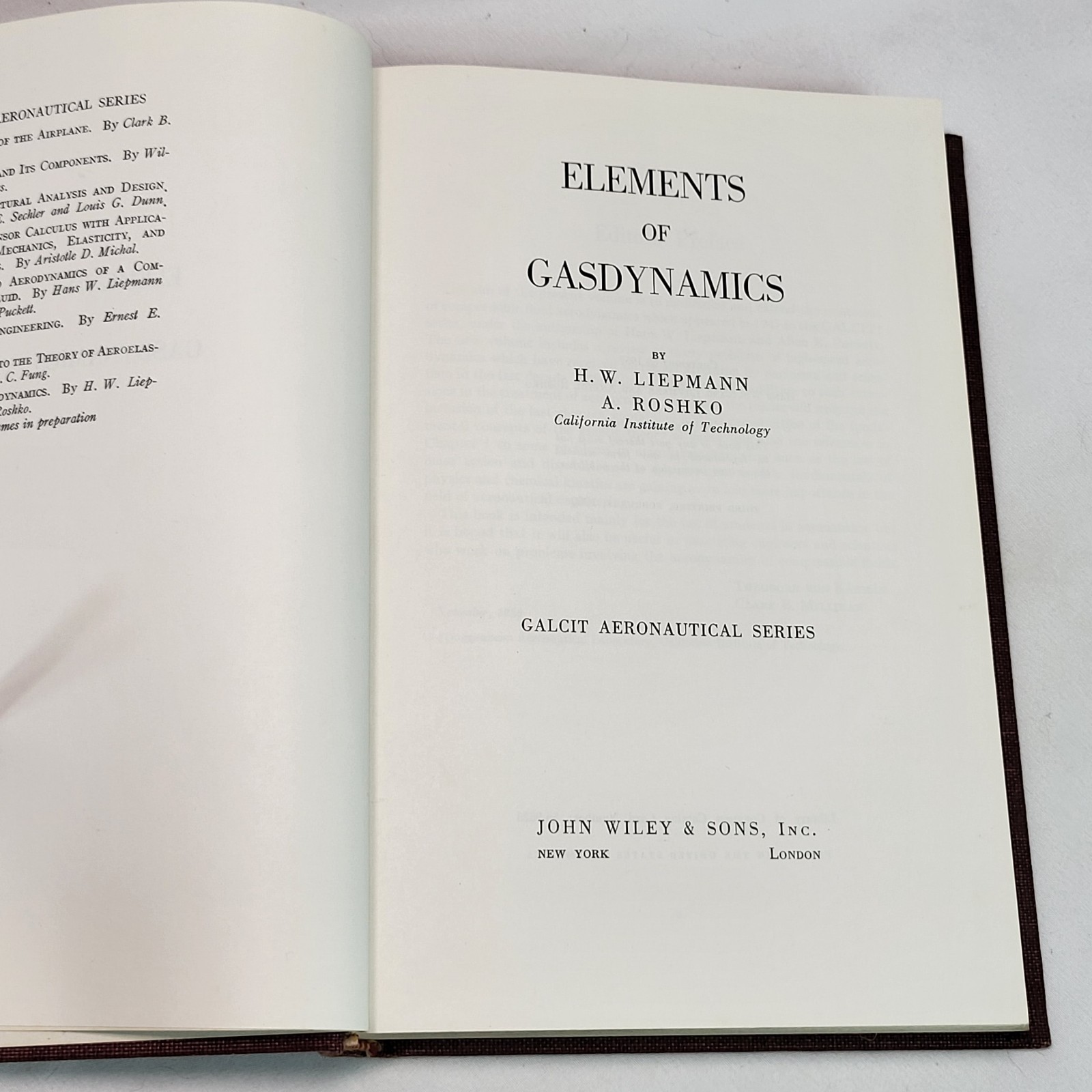 Elements of Gasdynamics Liepmann & Roshko 1960 Wiley 3rd Printing Caltech
