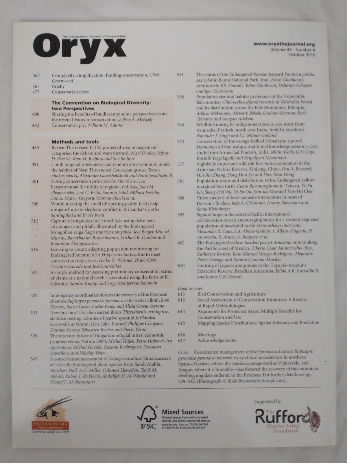 Oryx The International Journal Of Conservation | Volume 44 #4 October 2010