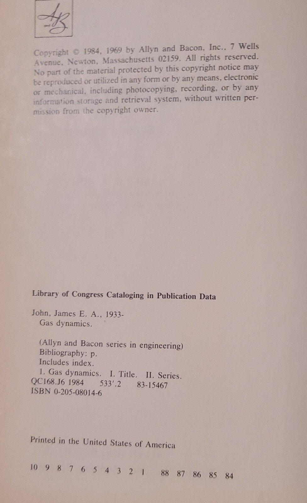 GAS DYNAMICS, SECOND EDITION By James E A John (Hardcover 1984)