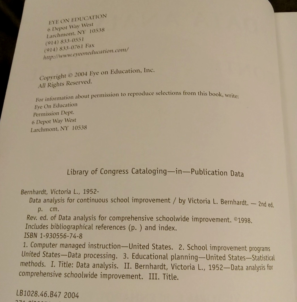 Bernhardt Data Analysis Continuous School Improvement 2004 Routledge Textbook