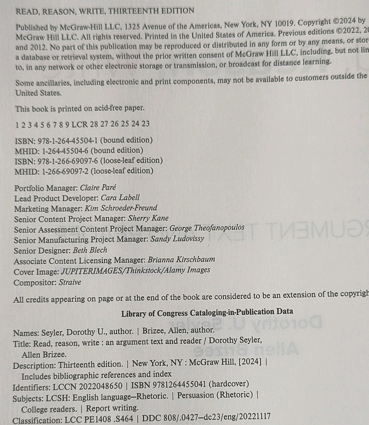 McGraw Hill Read, Reason, Write 13th Ed Hardcover 2024 Seyler Brizee Instr Eval