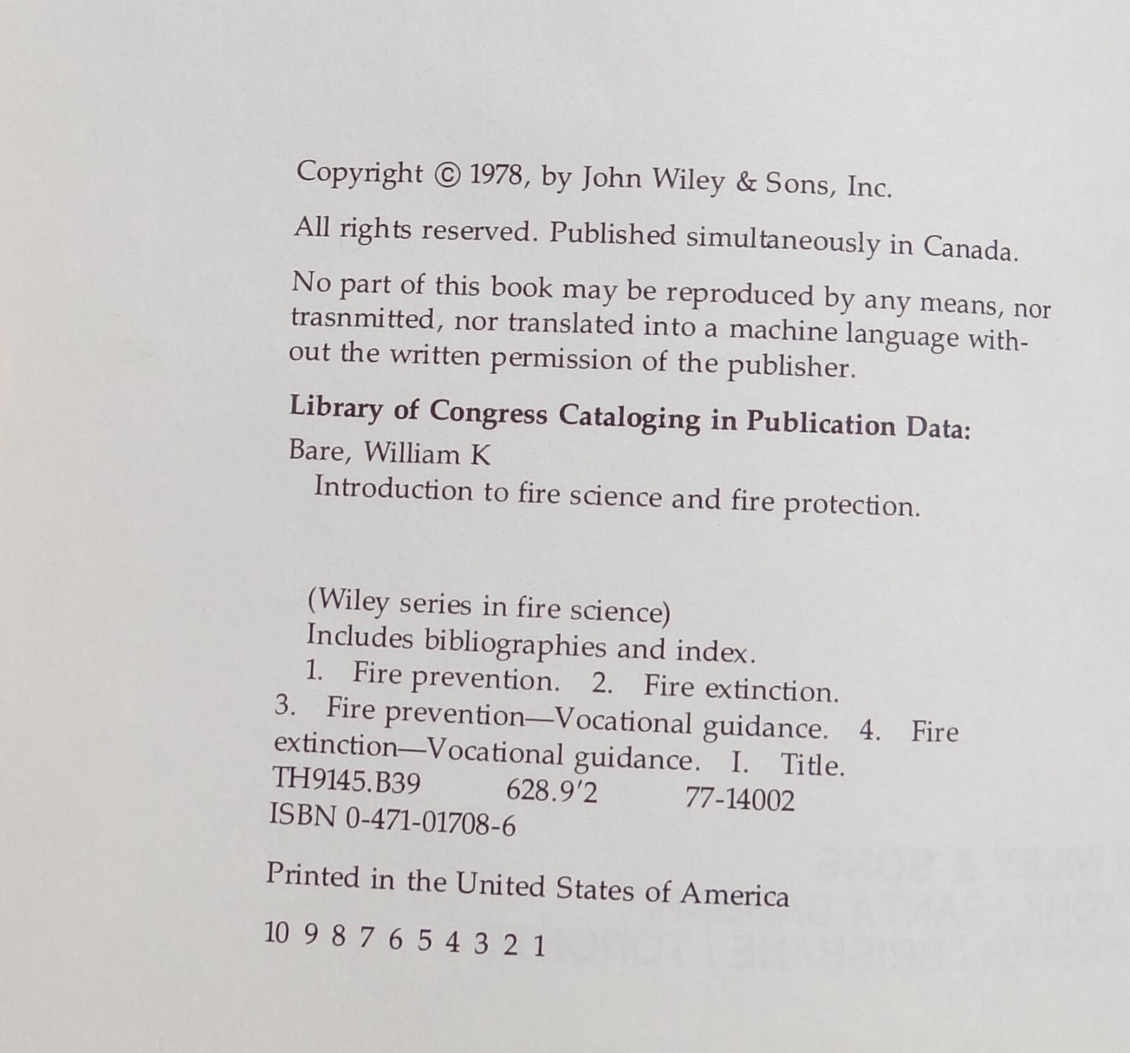 Introduction to Fire Science & Fire Prevention William K Bare Wiley Series Book