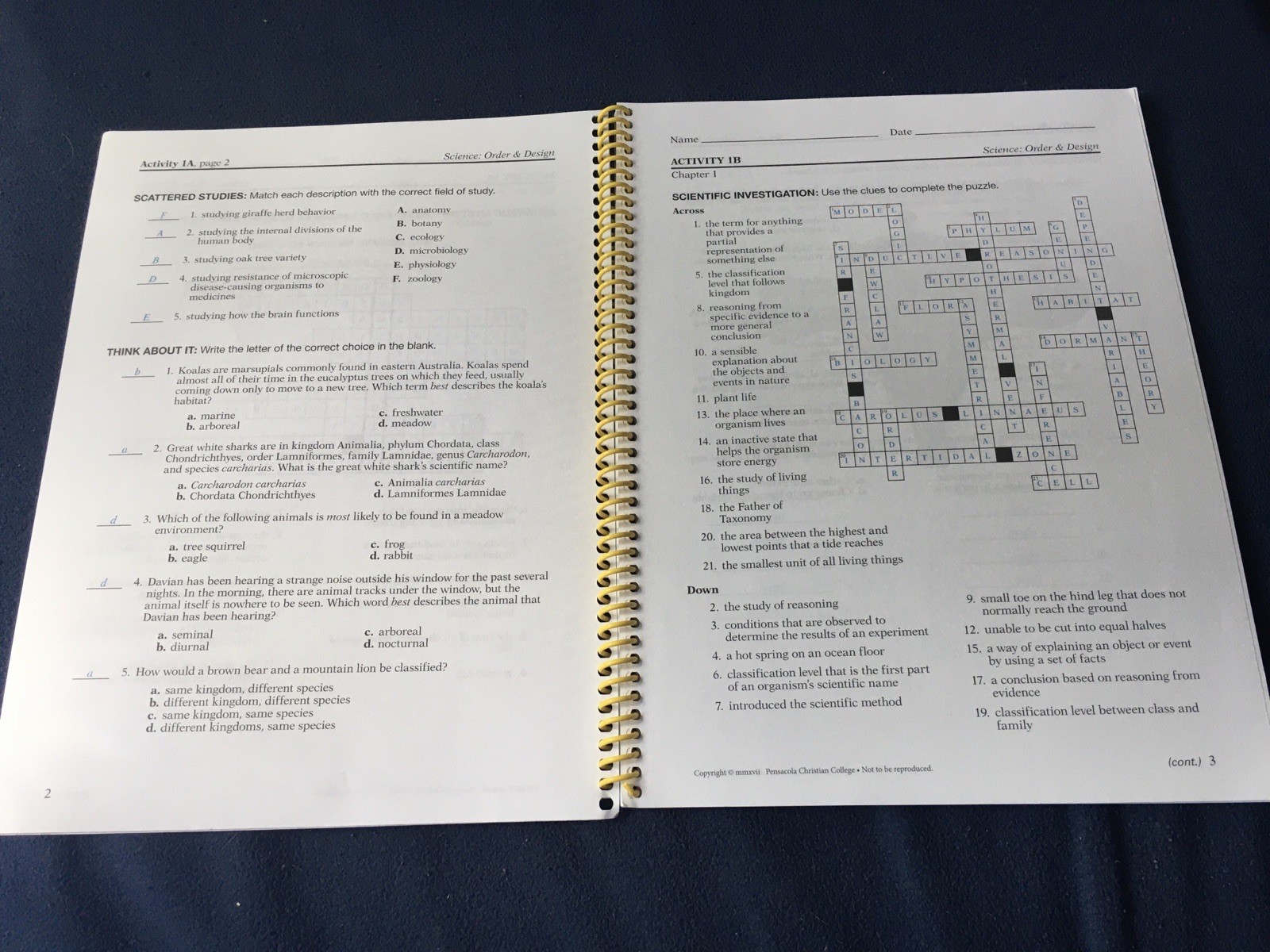 Abeka Science Order & Design Activity Book Key & Test Key (2nd Edition)