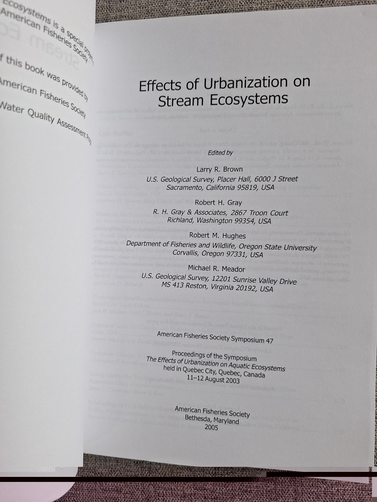 American Fisheries Society AFS Effects of Urbanization on Stream Ecosystems 2005