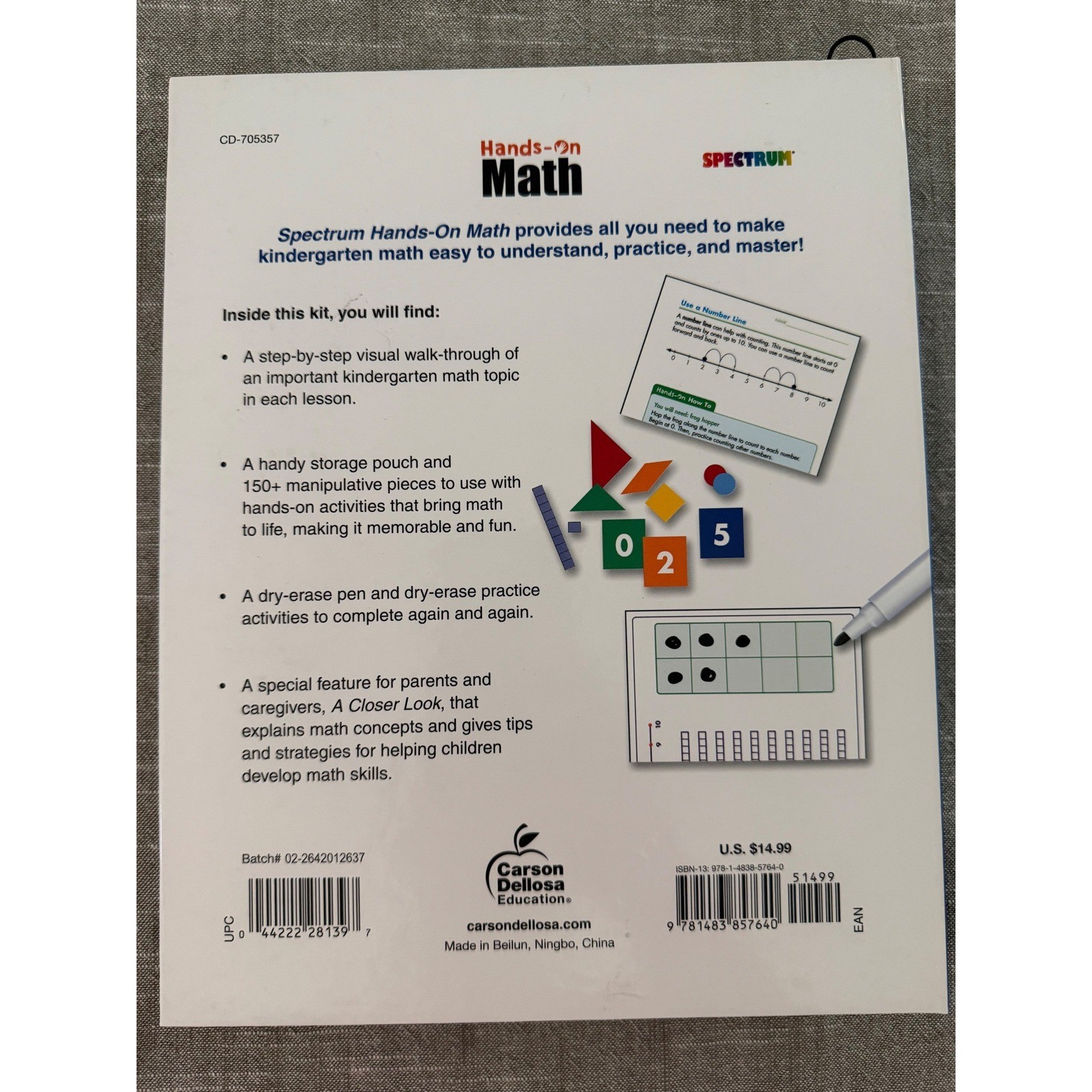 Spectrum Hands-On Math Kindergarten Workbook Carson Dellosa Education Grade K