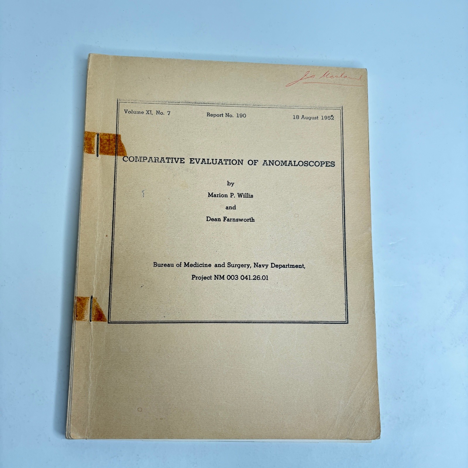 Comparative Evaluation of Anomaloscopes Willis Farnsworth Report 190 1952 Vision