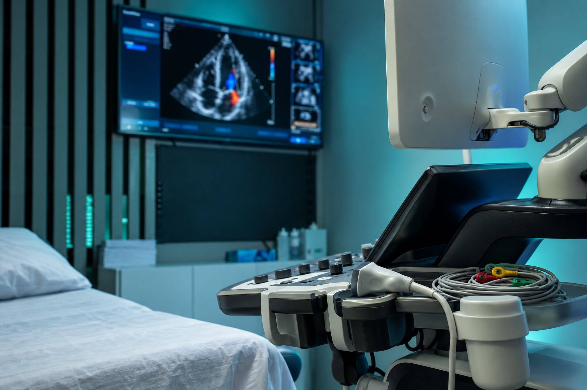 Sala de ecocardiograma da ECOS: transdutor cardíaco e cabos do ECG sobre o painel do aparelho, com o coração em Doppler colorido na tela ao fundo.