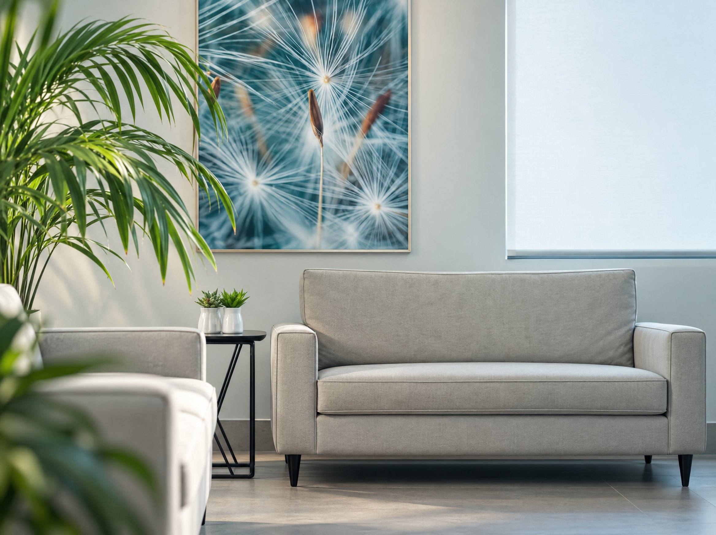 Sala de espera da ECOS: sofás claros, um grande quadro de dente-de-leão e plantas.